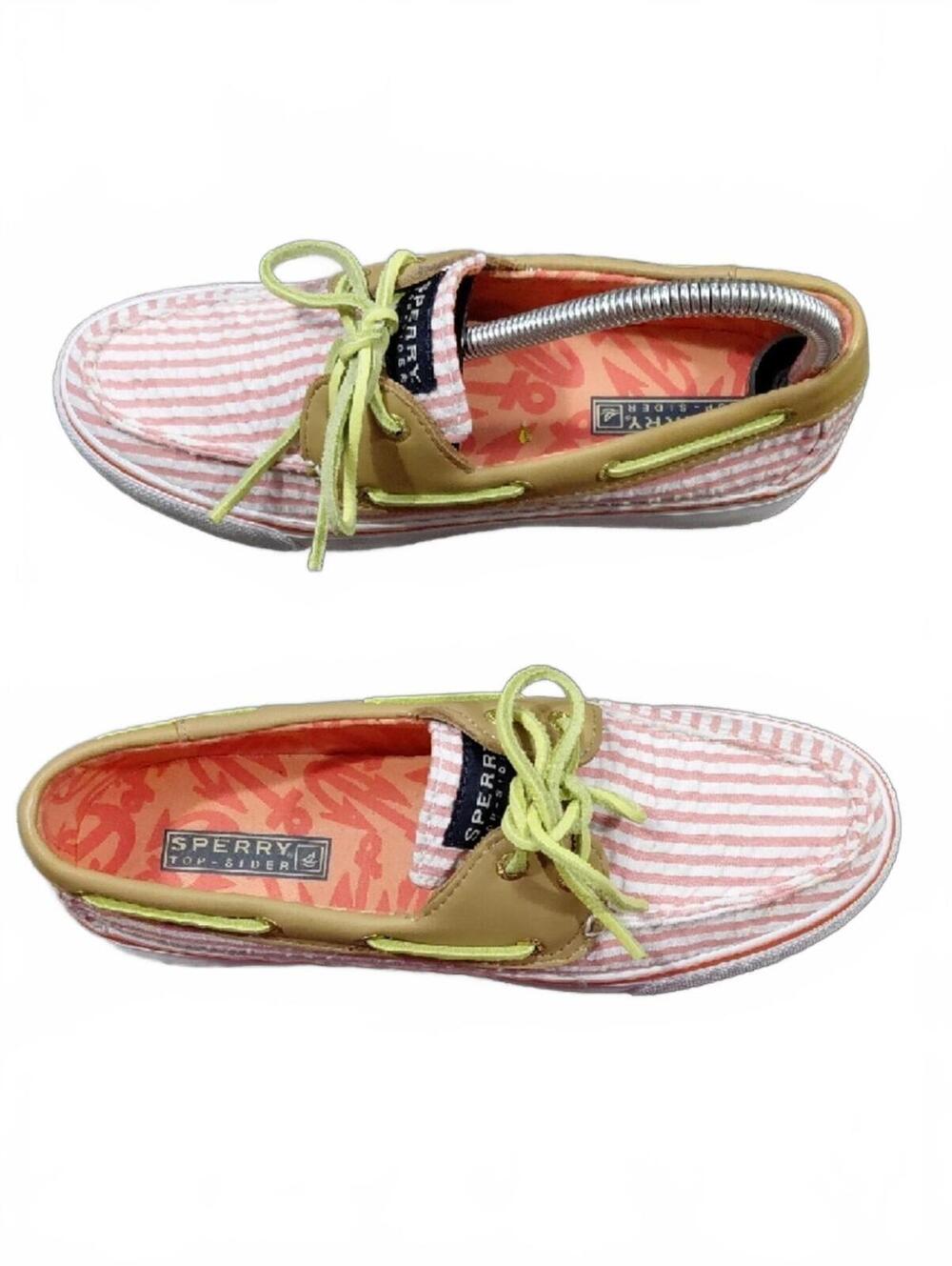 "Sperry" 7M, Pink Striped Boat Shoes with Leather Laces. Look new except soles! - Picture 7 of 9